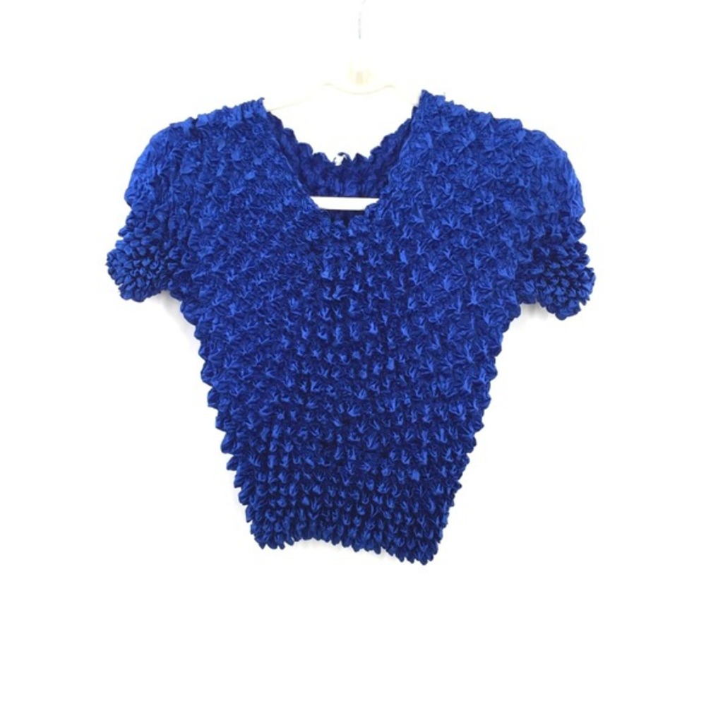 vintage y2k 90s FC bright Blue Popcorn Top stretchy short sleeve OS‎